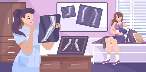 Illustration of a healthcare professional analyzing X-ray images while a patient sits in a consultation room.